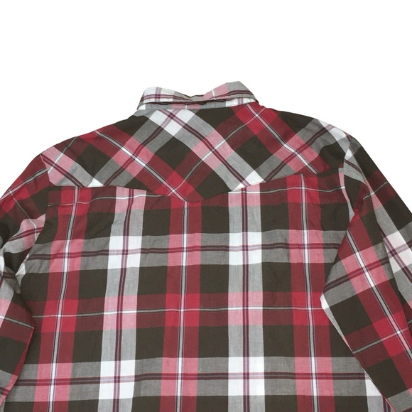 Wrangler Western ‎Pearl Snap Brown Red Plaid Long Sleeve Shirt - Men’s XL - Picture 9 of 13